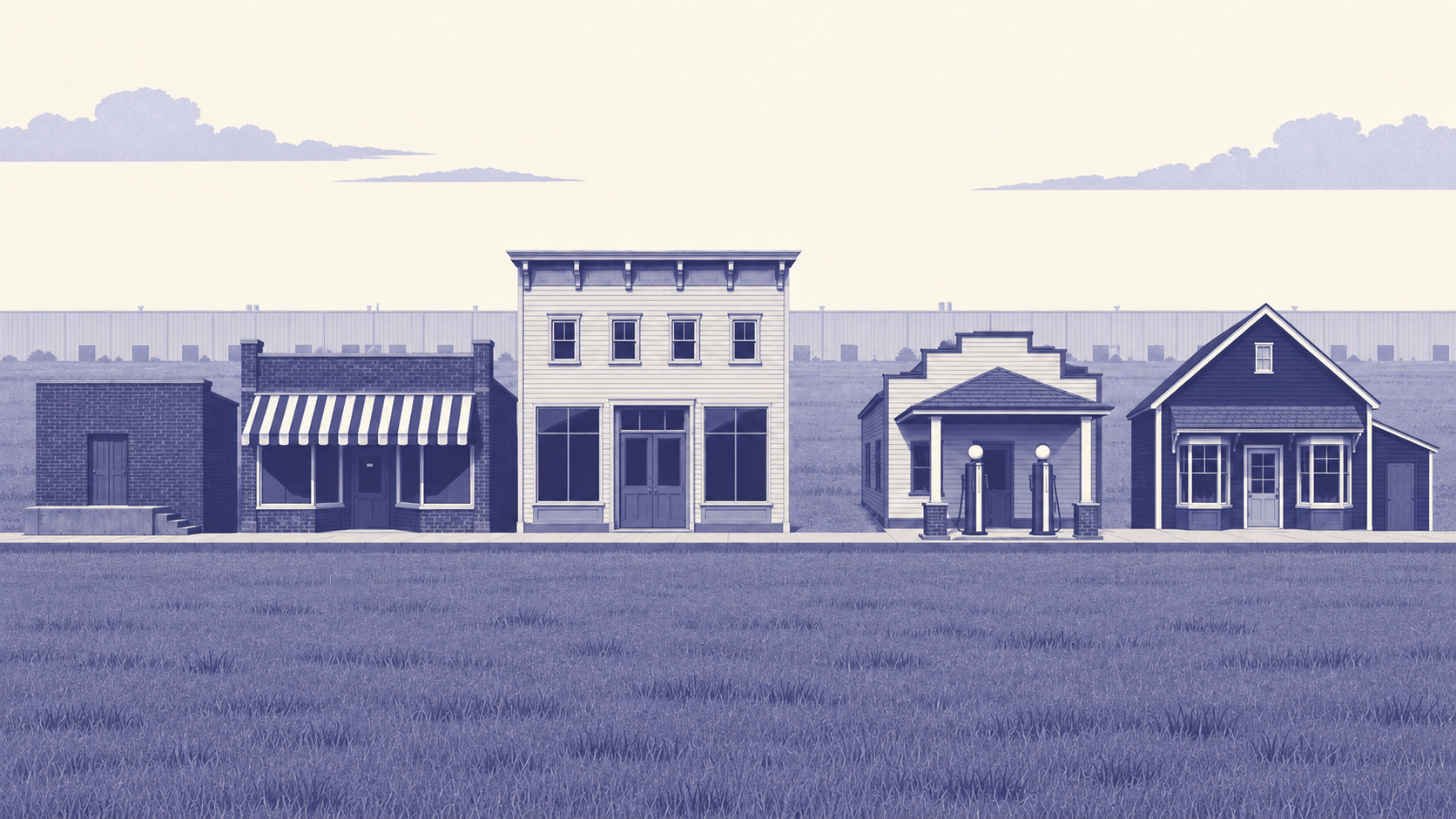 Duotone illustration of the west row of the Shawnee Town 1929 museum in Shawnee, Kansas, seen across a mown lawn: a small brick block with a concrete loading platform, a brick shop under a striped awning, a tall two-storey white clapboard building with a bracketed cornice, a white filling station with a stepped false front and two glass-globe fuel pumps under a porch canopy, and a dark clapboard shop with a steep front gable and two bay windows, with a long band of warehouse buildings along the far horizon.