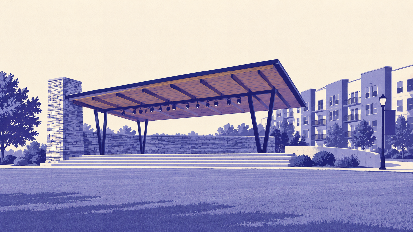 Duotone illustration of the Linden Square stage pavilion in downtown Gladstone, Missouri: a raised concrete stage with broad steps, a tall stacked-stone column at its left end, and a tilted roof on angled steel columns over exposed timber beams, seen across an open lawn, with a four-storey apartment building behind it on the right.