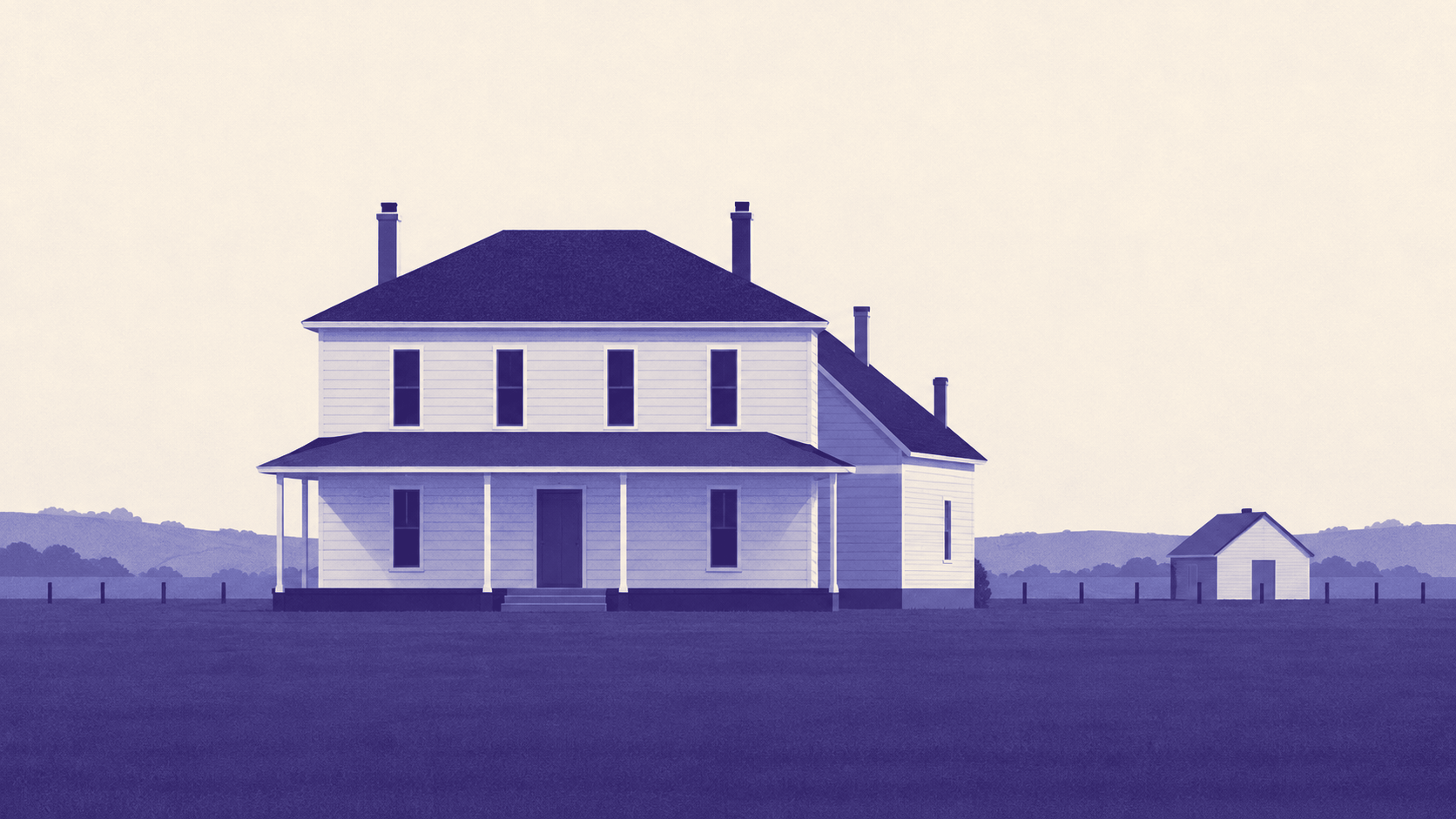 Duotone illustration of the Harry S Truman Farm Home on Blue Ridge Boulevard Extension in Grandview, Missouri: a two-storey white clapboard farmhouse under a hipped roof with four slim chimneys, a shallow three-bay porch on slender posts running the width of its front, and two lower gabled wings stepping back to the right, seen straight on across flat open ground, with a small gabled outbuilding set well back on the right, a row of short fence posts crossing the middle distance and low wooded hills along the horizon.