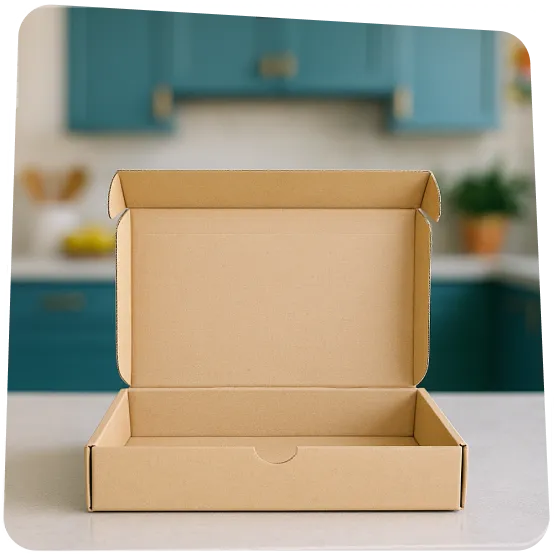 Üres kartondoboz az asztalon, a Rajzkönyv gyűjtődoboza.