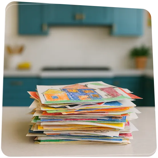 Rajzok és festmények egymásra halmozva egy konyhapulton, beküldésre készen.