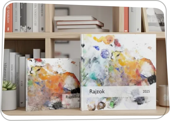 Gyerekrajzokból készült könyvek a polcon, a rendszerezés szimbólumai.