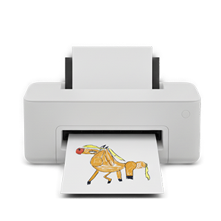 Nyomtató, amely gyerekrajzot nyomtat ki, a Rajzkönyv készítésének végső lépéseként.