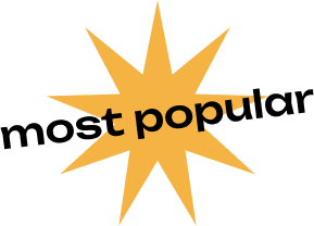 A yellow star with 9 points, and a black words on the top saying "Most popular" Promoting the most popular choice of the users 