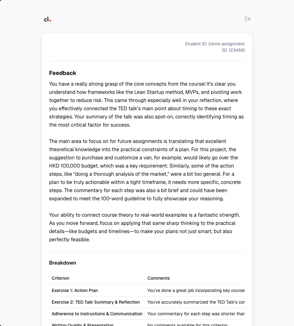 Personalized feedback report generated for student