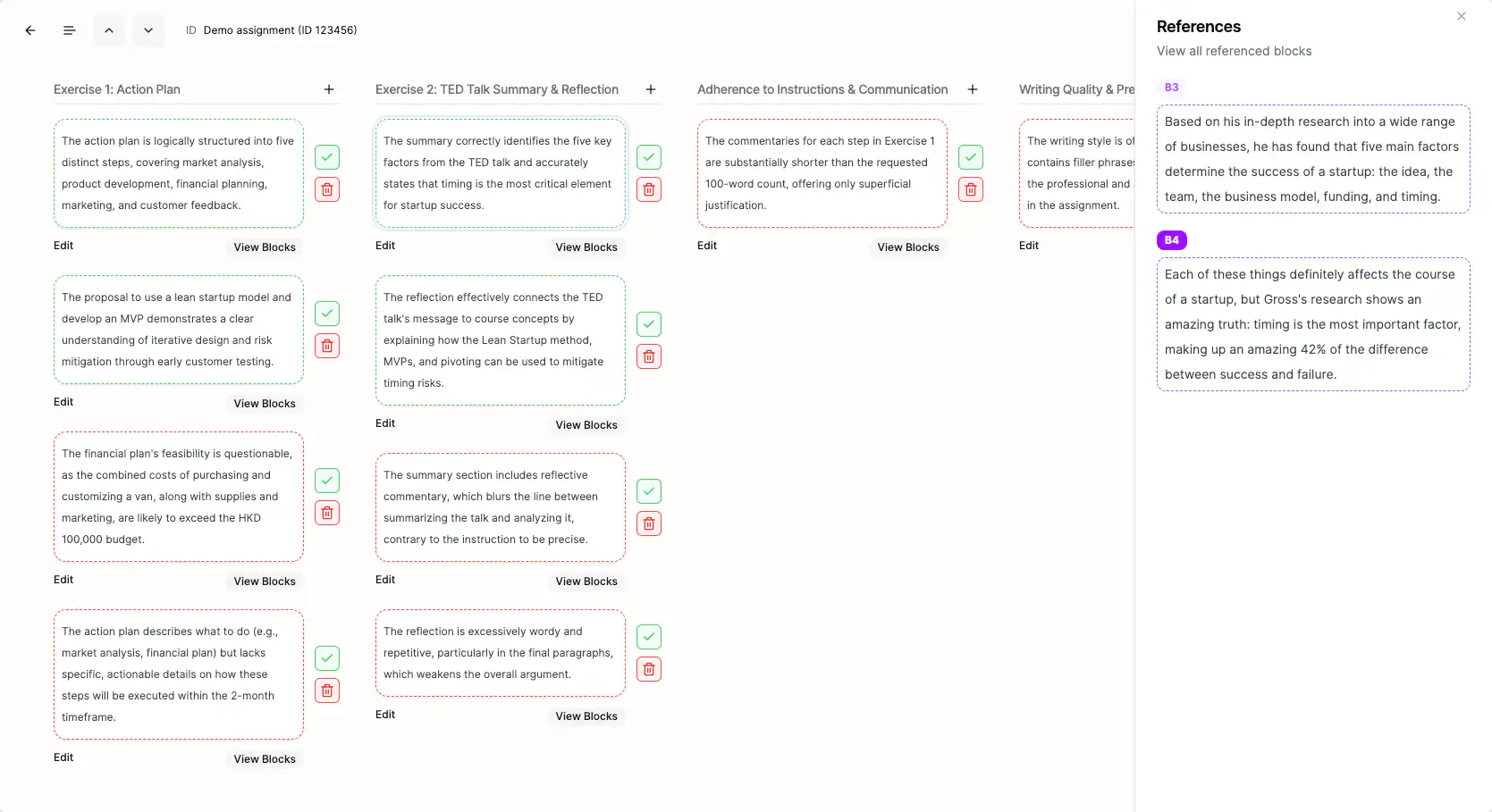 A screenshot of Claire's feedback report