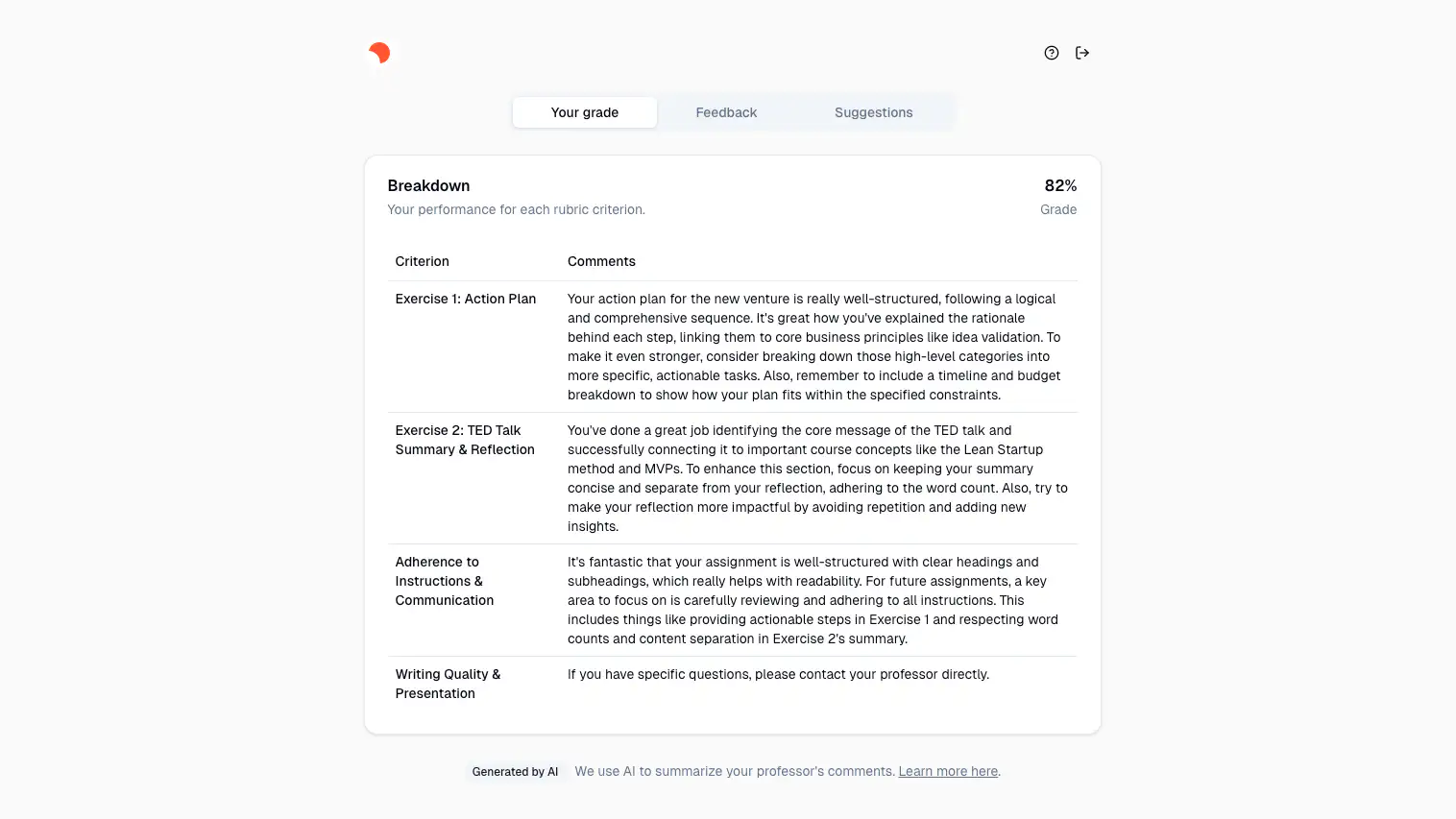 A screenshot of Claire's feedback report