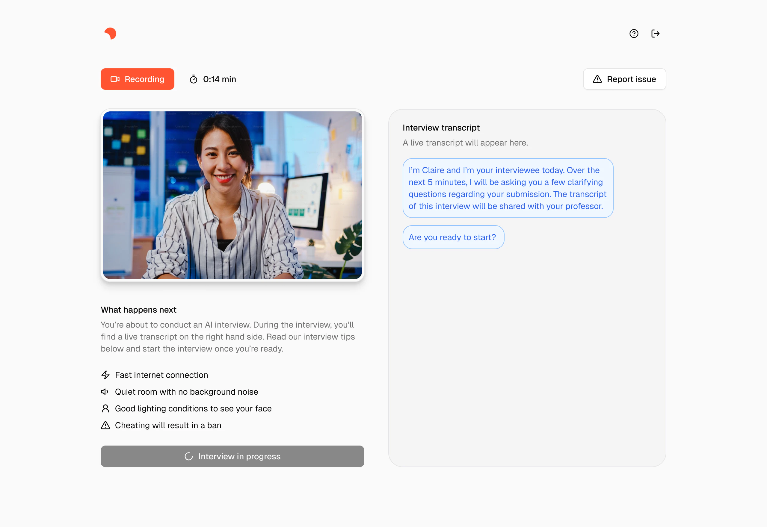 User interface of an AI interview platform showing a smiling woman on video, a timer at 14 seconds, interview instructions, and a live transcript panel with a message from Claire asking if the interviewee is ready to start.