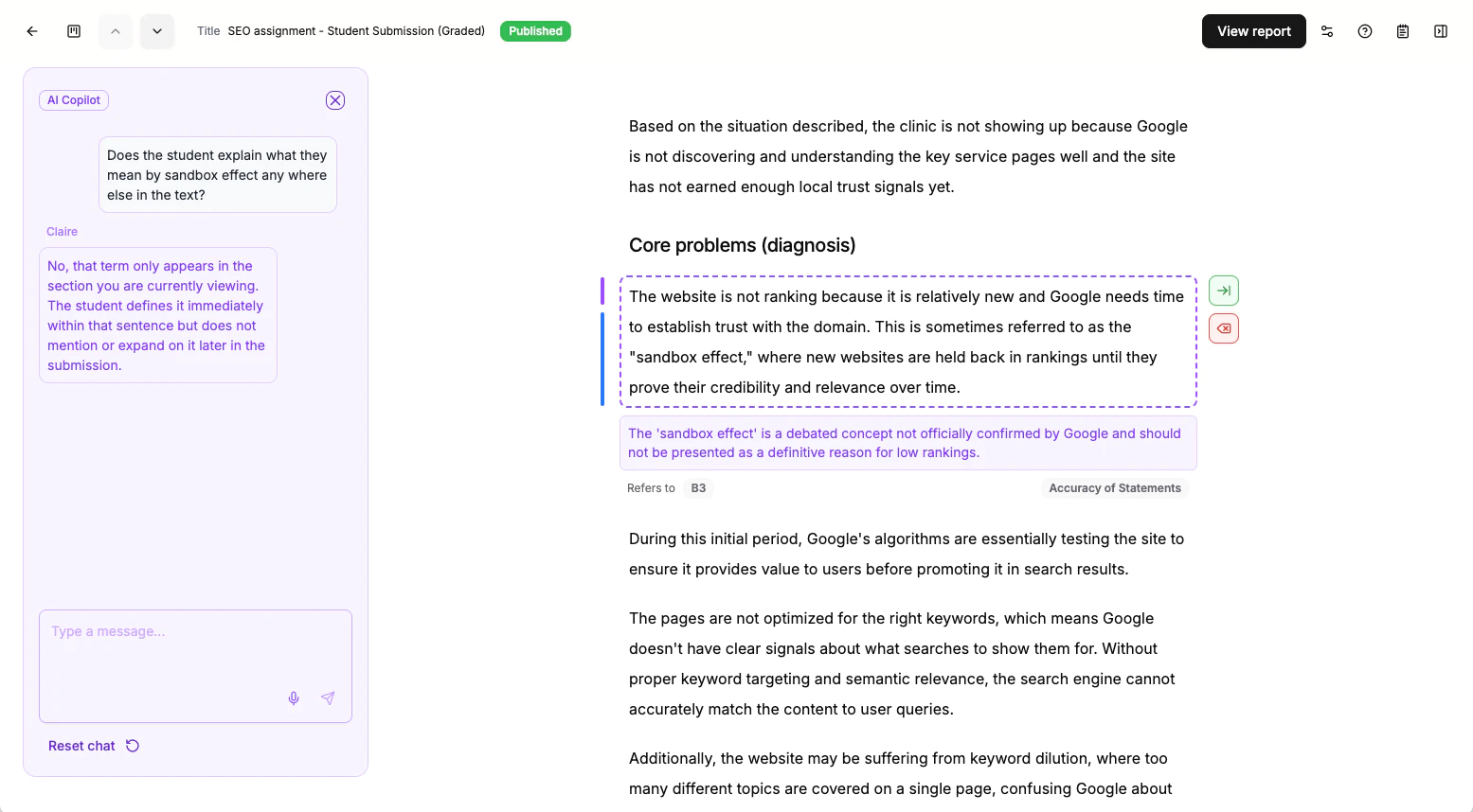 A screenshot of Claire's feedback report