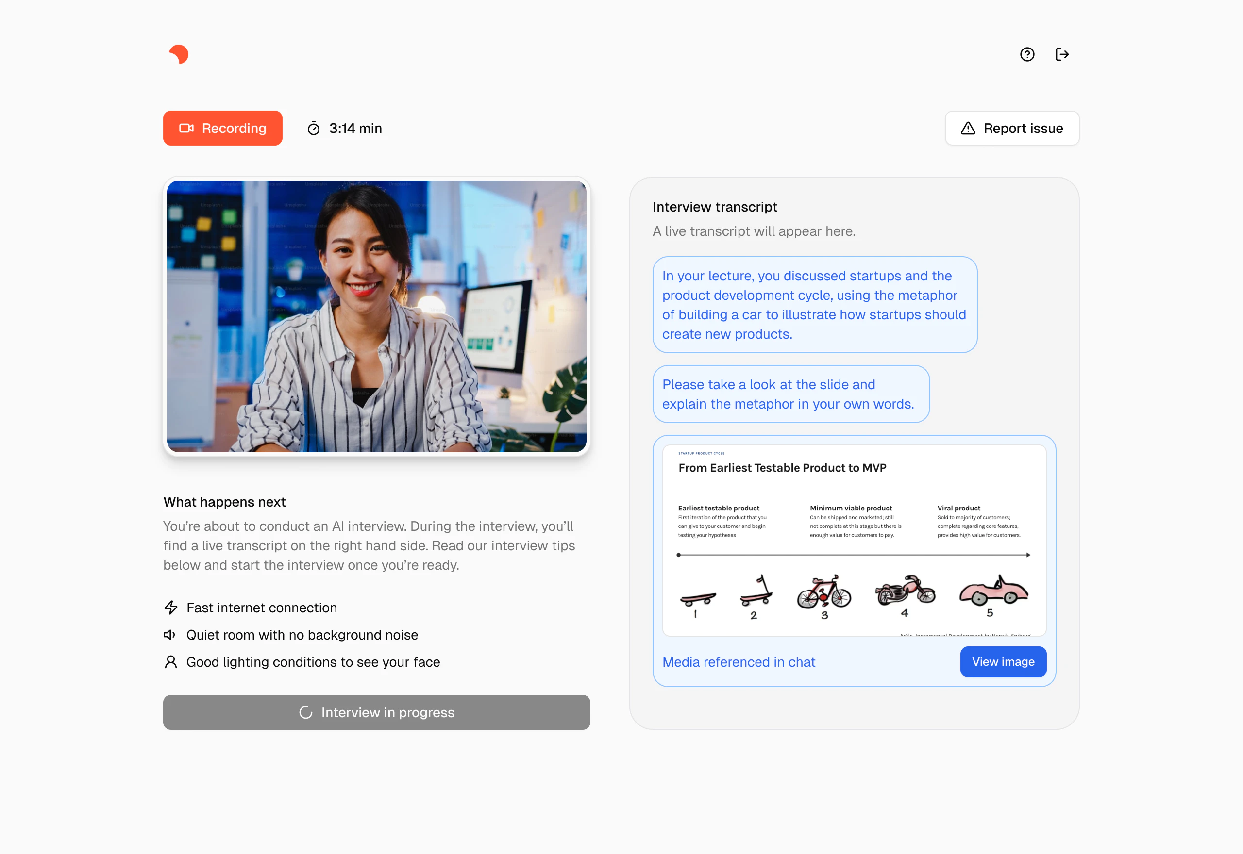 User interface of an AI interview platform showing a smiling woman on video, a timer at 14 seconds, interview instructions, and a live transcript panel with a message from Claire asking if the interviewee is ready to start.