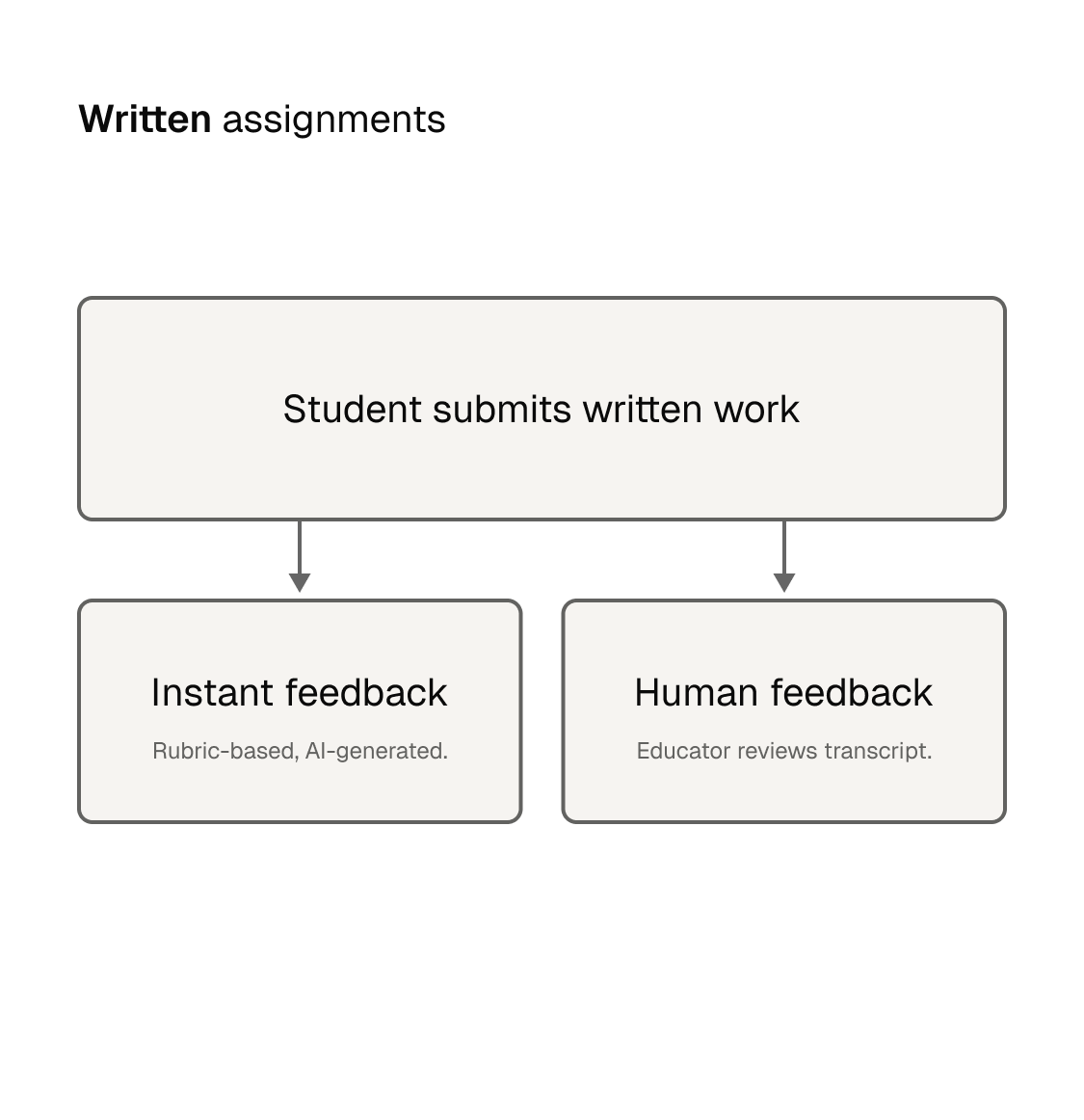 Flowchart showing a student submits written work leading to two types of feedback: instant feedback, which is rubric-based and AI-generated, and human feedback, where an educator reviews the transcript.