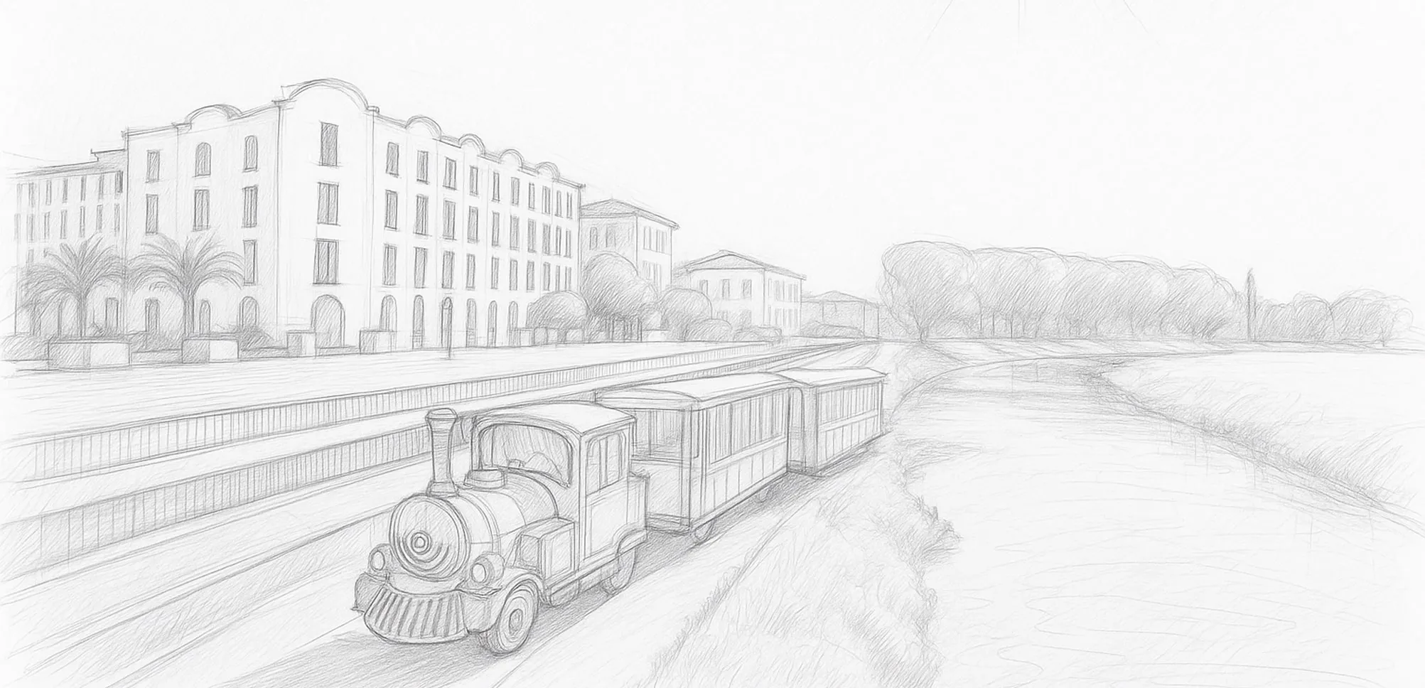 Illustration au crayon du Petit Train de Dax près de la rivière


