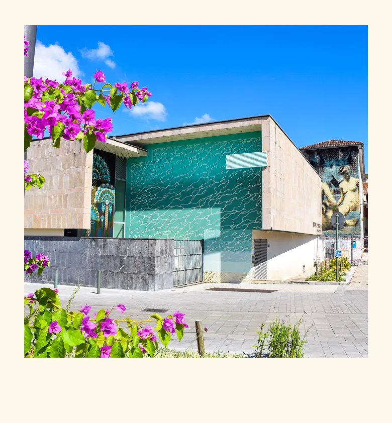Maison moderne avec façade en pierre et fleurs roses au premier plan

