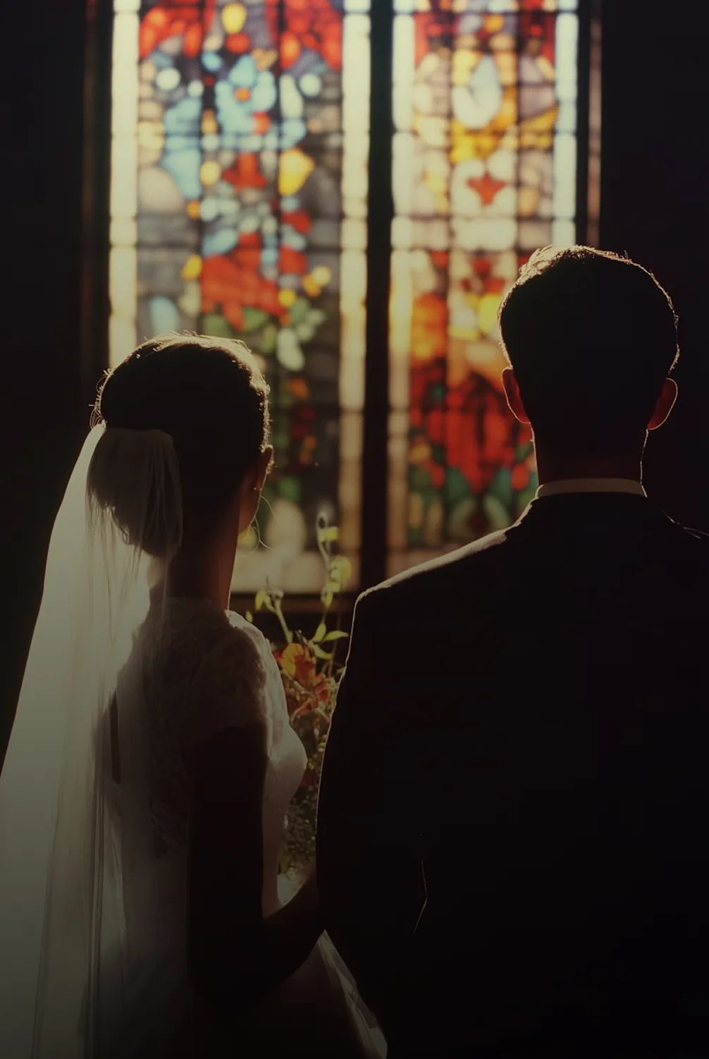 Couple lors d’un mariage avec lumière filtrée à travers un vitrail