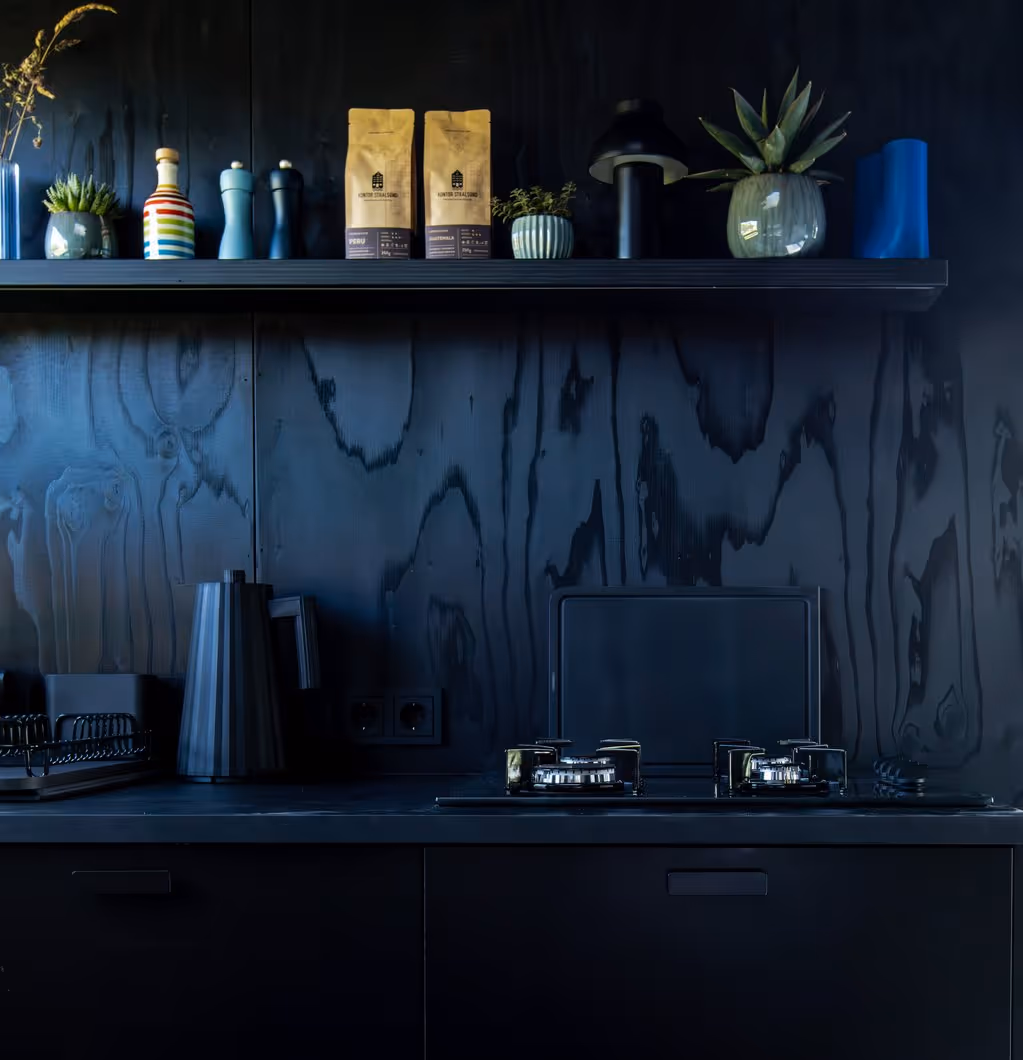 Vollausgestattete Küche mit Gasherd in der NORI Cabin auf Rügen