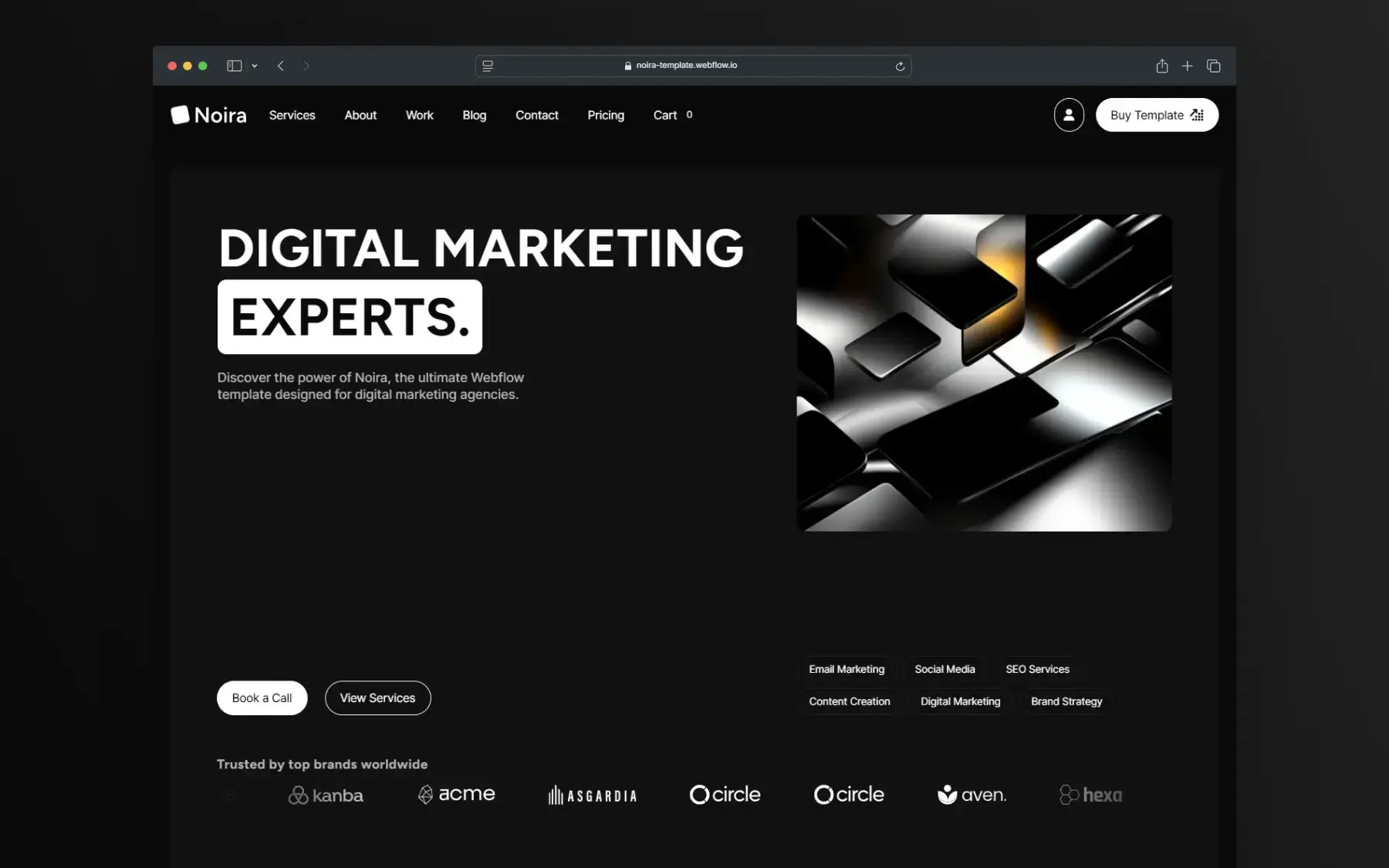 Modern homepage layout of Noira Webflow Template from Flowversity, featuring a clean hero and portfolio showcase