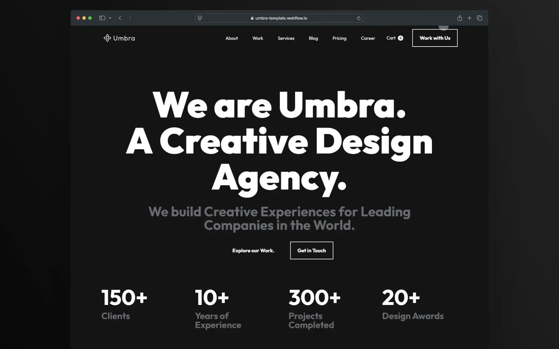 Umbra Webflow Template overview page with professional layout and service grid