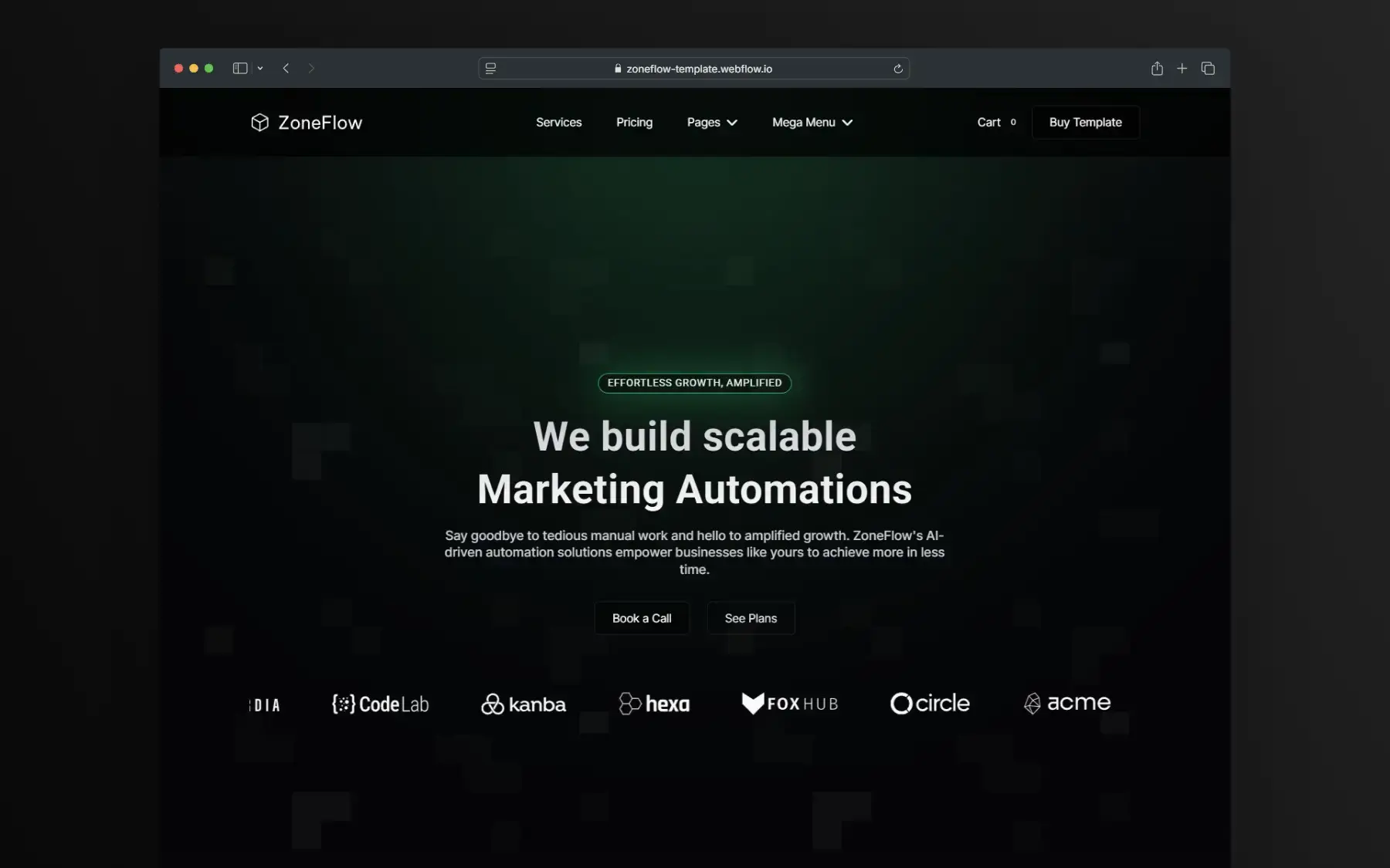 Screenshot of ZoneFlow template hero section with vibrant layout