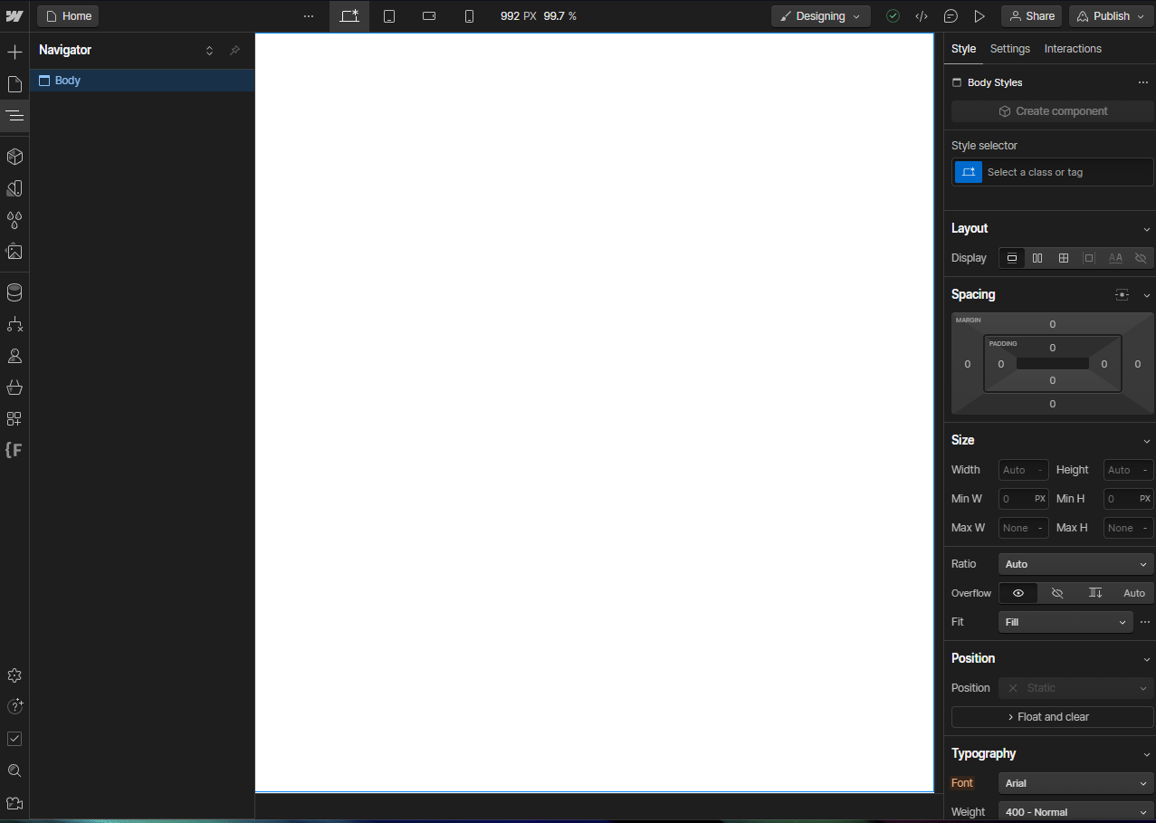 Image of an empty Webflow Project