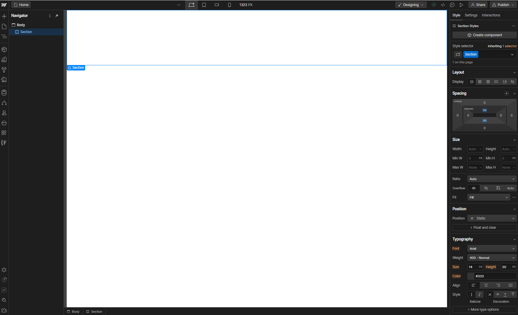 Image of the Webflow Editor showing the finished Section