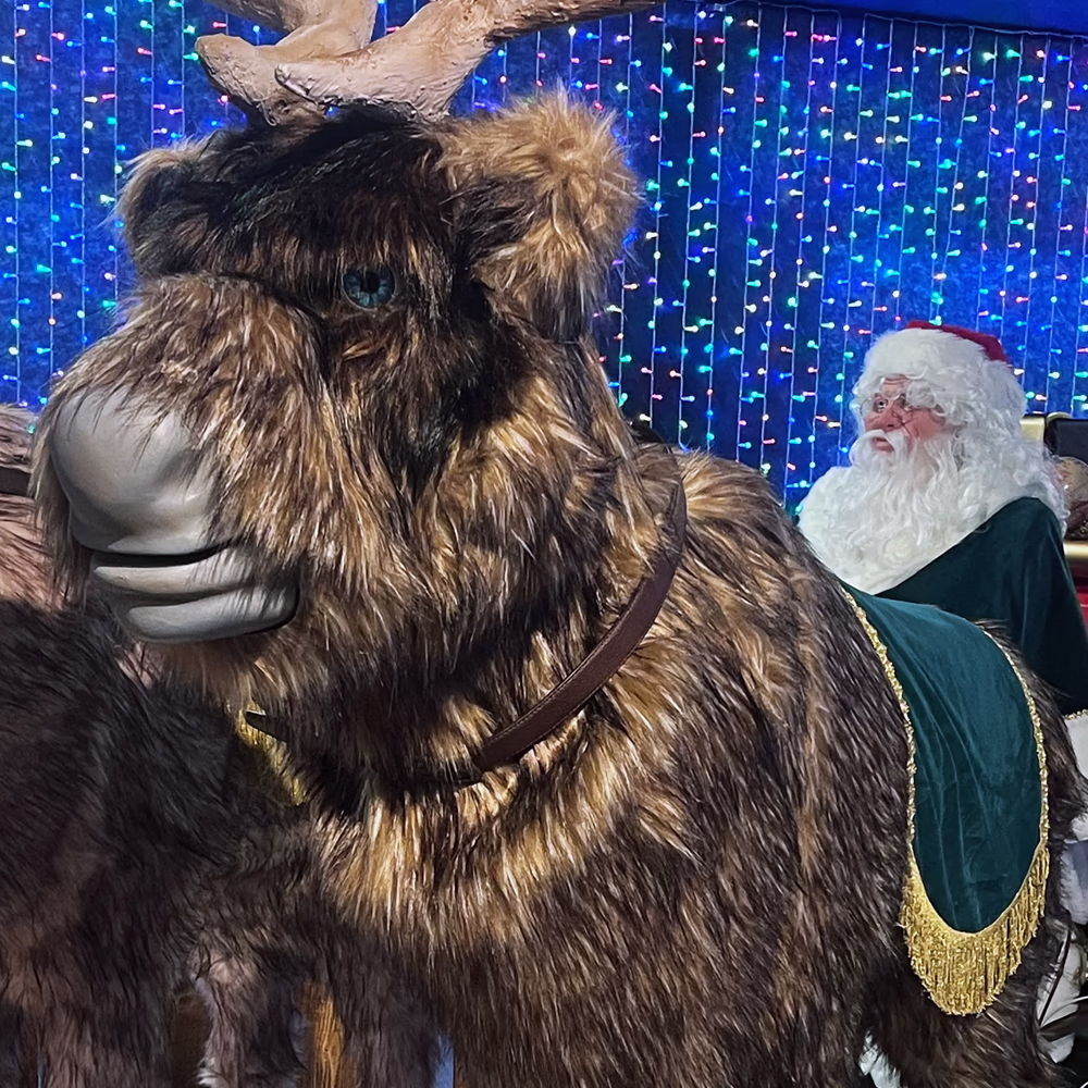 Gruppo renne multicolori Slitta Express VR con Santa Claus e illuminazione LED blu, installazione scenografica completa per esperienze VR natalizie coinvolgenti.