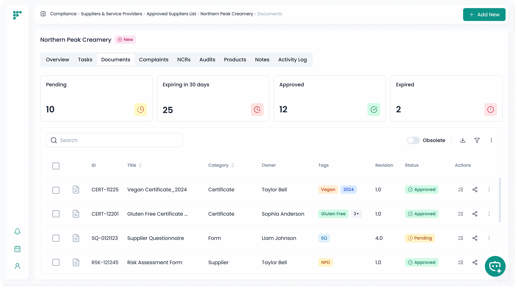 Food compliance platform dashboard for supplier document tracking and certification status.