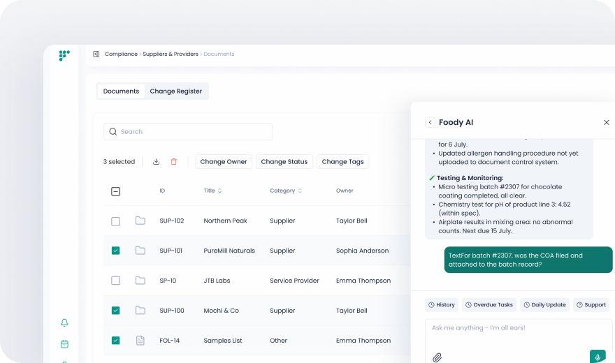 AI copilot for food compliance showing document monitoring and risk detection insights.