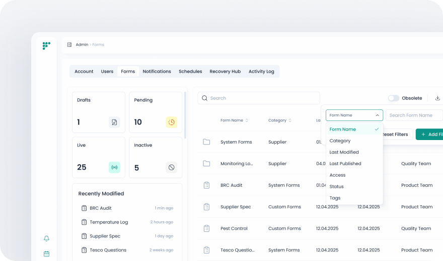 Customizable forms management interface for supplier and food safety documentation in a food compliance platform.