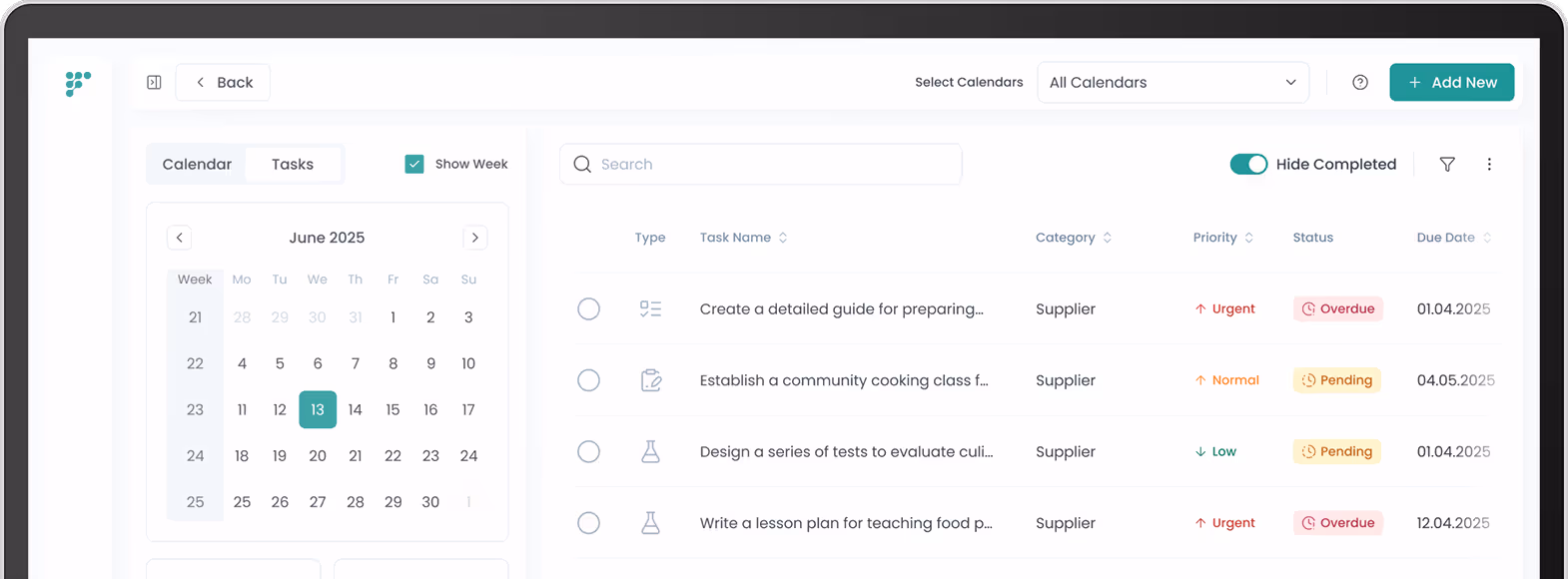 Task list and calendar view for managing food compliance activities and deadlines.