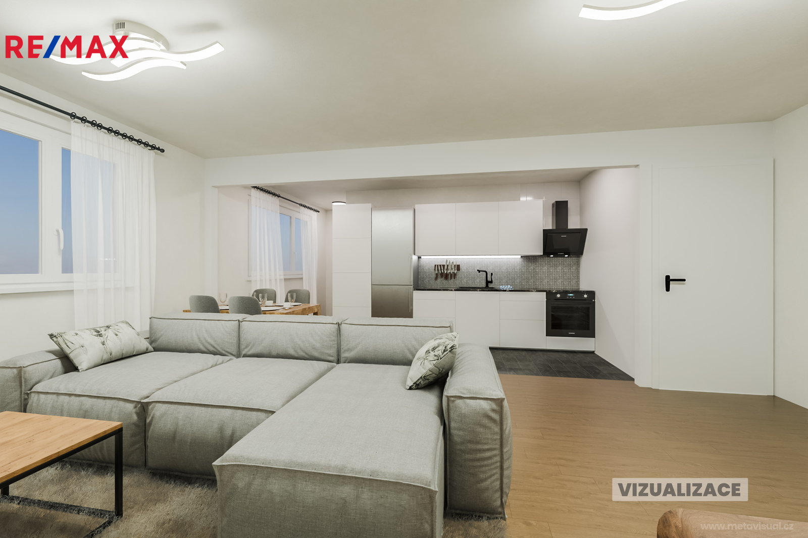 Vizualizace obývacího pokoje a kuchyňského koutu