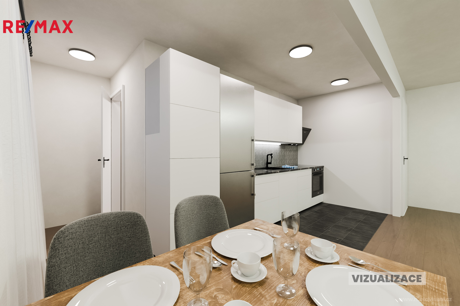 Vizualizace obývacího pokoje a kuchyňského koutu