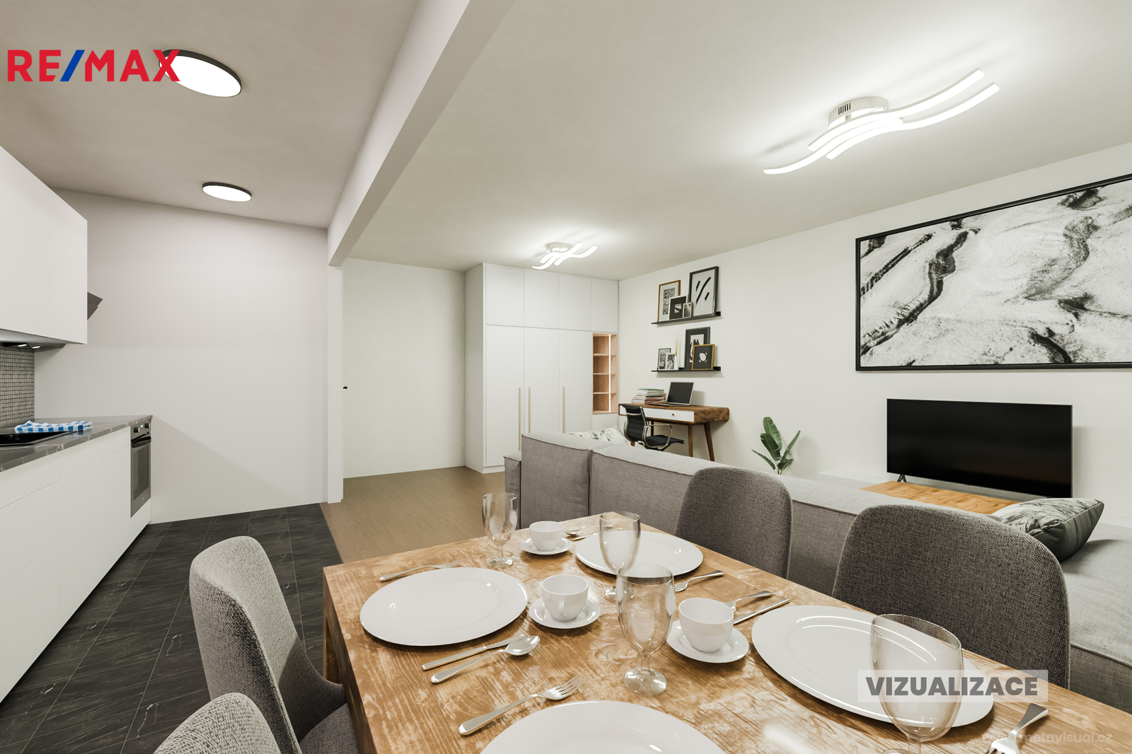 Vizualizace obývacího pokoje a kuchyňského koutu