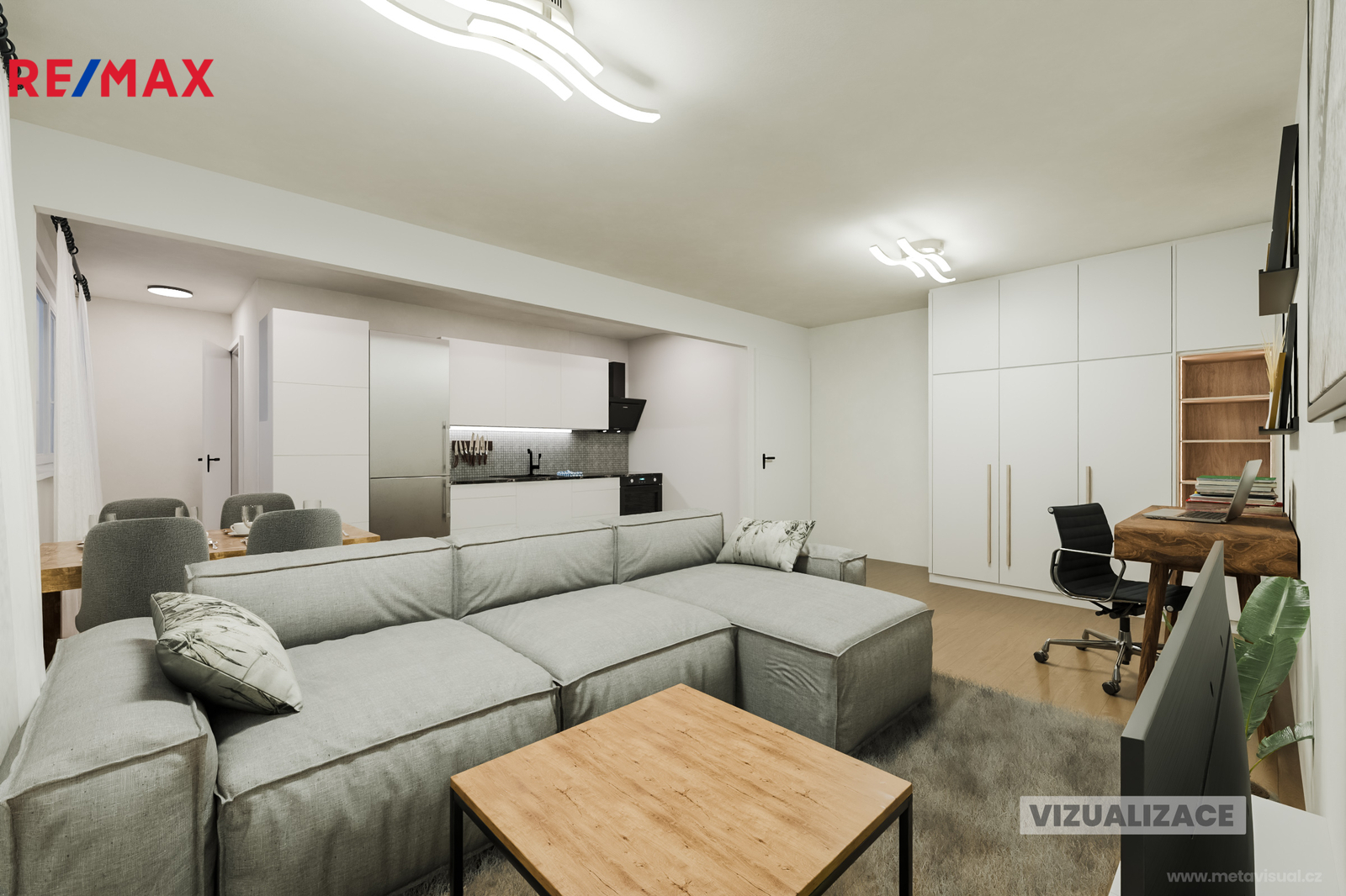 Vizualizace obývacího pokoje a kuchyňského koutu