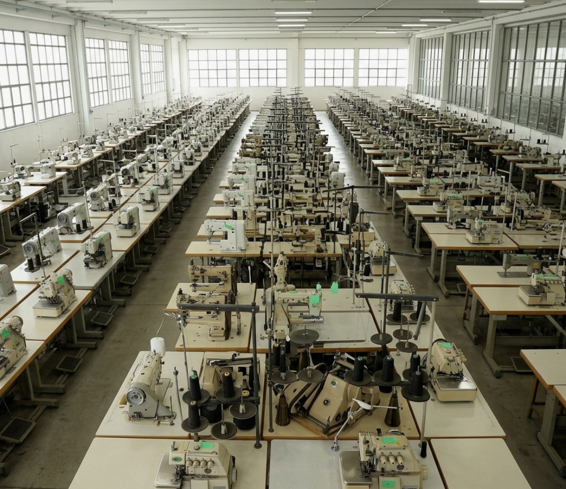 Grande salle avec de nombreuses machines à coudre industrielles alignées en rangées.