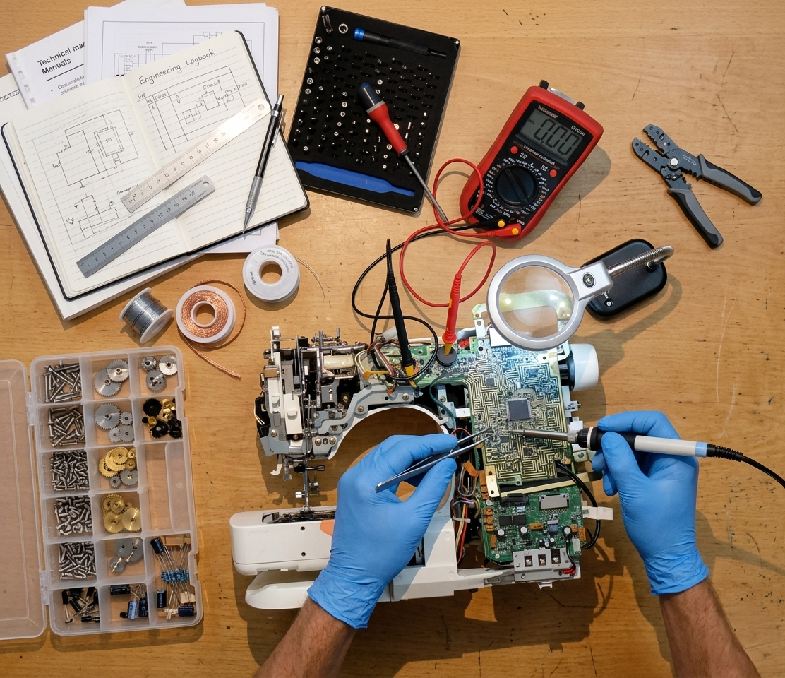 Une personne avec des gants bleus répare une machine à coudre électronique avec outils et schémas techniques.