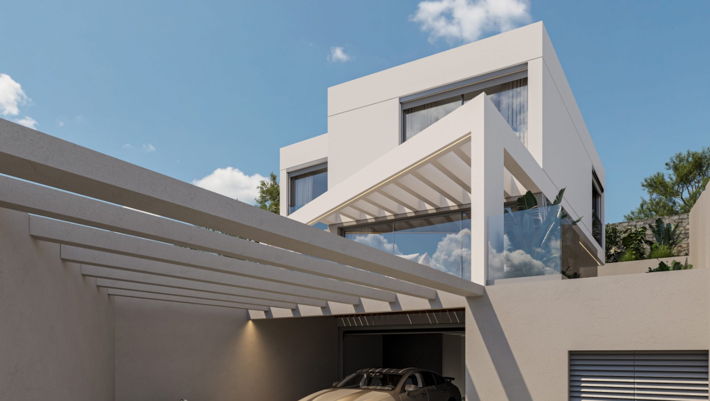 Edifício residencial contemporâneo de três andares com varandas curvas e revestimento metálico perfurado, em frente a uma piscina com espreguiçadeiras e zonas de lazer ao ar livre.