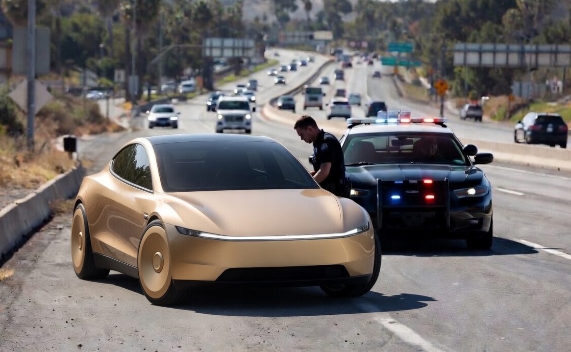 Концепт-рендер Tesla Cybercab с патрульным полицейским