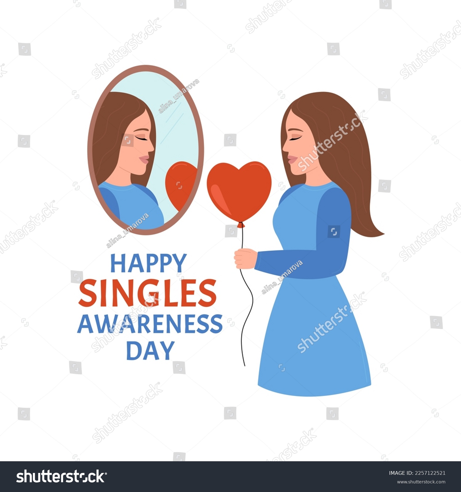 Happy Singles Awareness Day concept. Lonely girl holds out a heart balloon to her reflection in the mirror. February holiday vector illustration