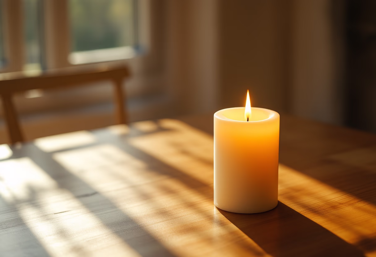 image of a remembrance candle burning softly on a polished wooden table
