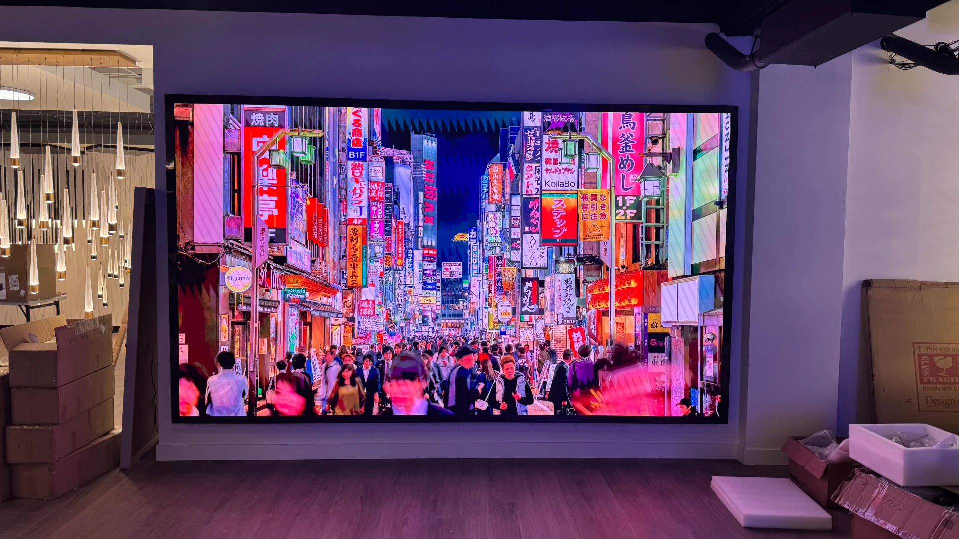 4K LED video wall showing vibrant Tokyo street scene installed by CMG Visuals at a modern commercial space in Dallas.