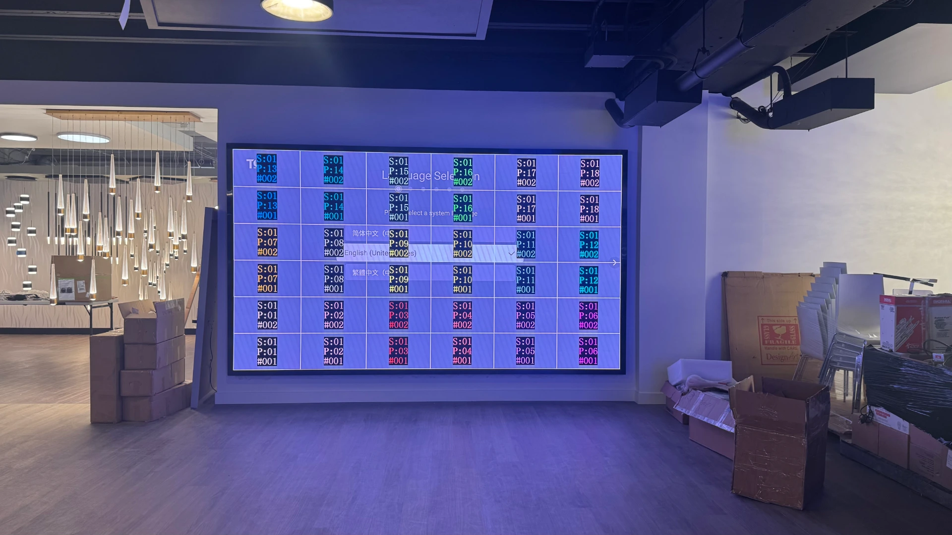 Initial screen test with LED module grid during 4K LED video wall installation by CMG Visuals.