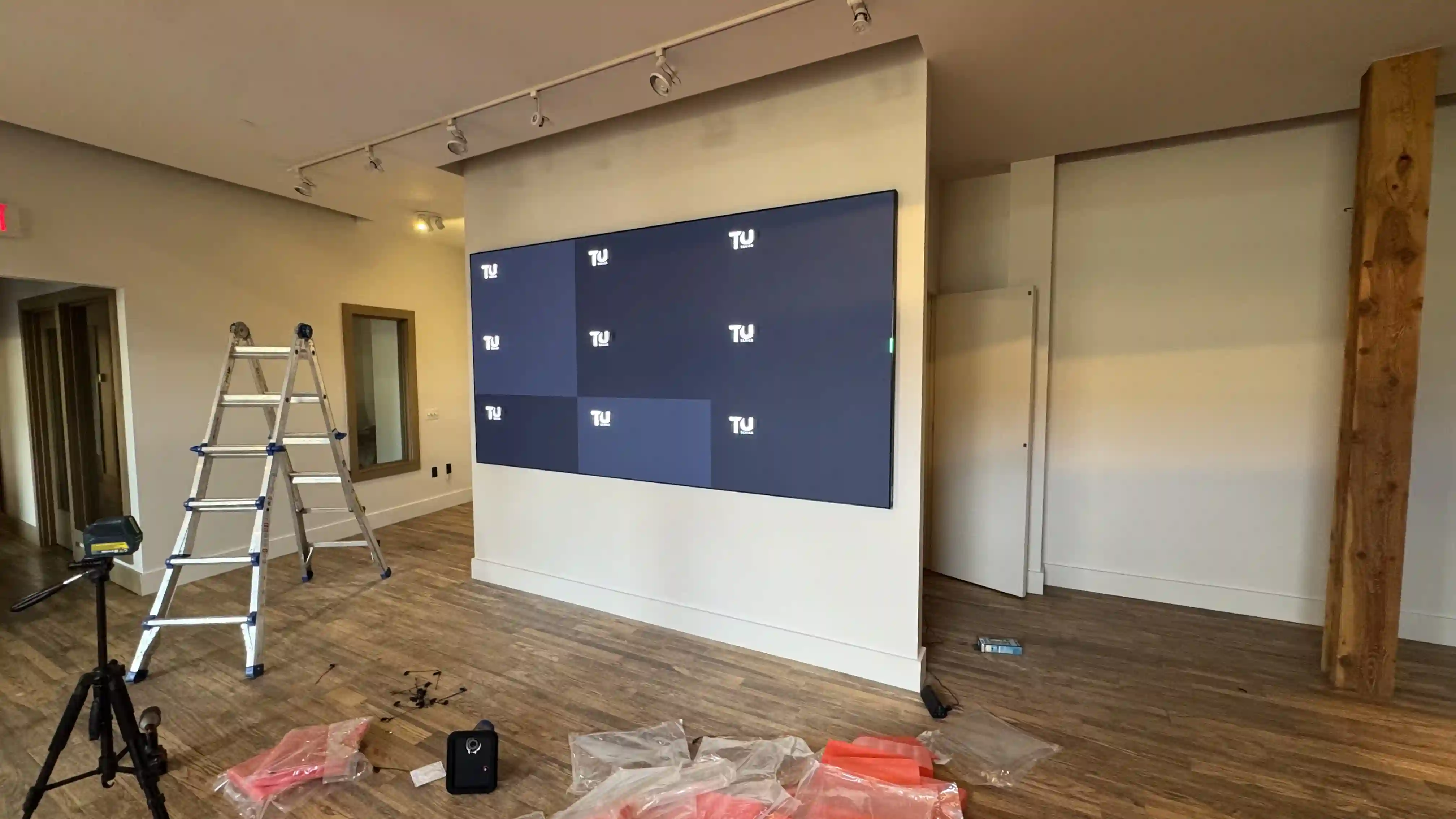 LED video wall being tested and programmed during installation at Jackson Hole Jewelry Company retail location, ensuring seamless display performance.