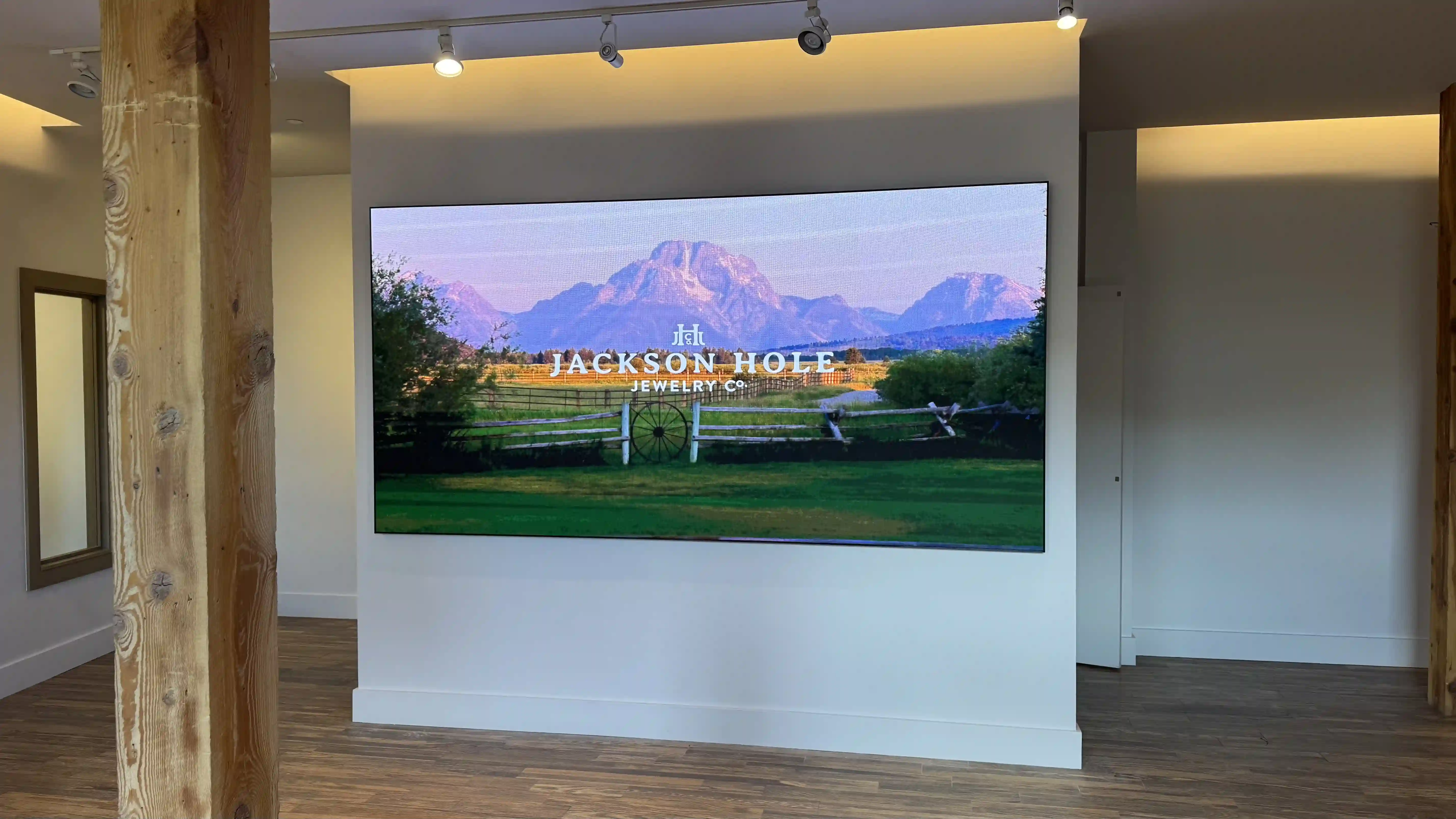 Completed LED video wall installation at Jackson Hole Jewelry Company retail store, displaying vibrant mountain imagery for an immersive in-store experience.