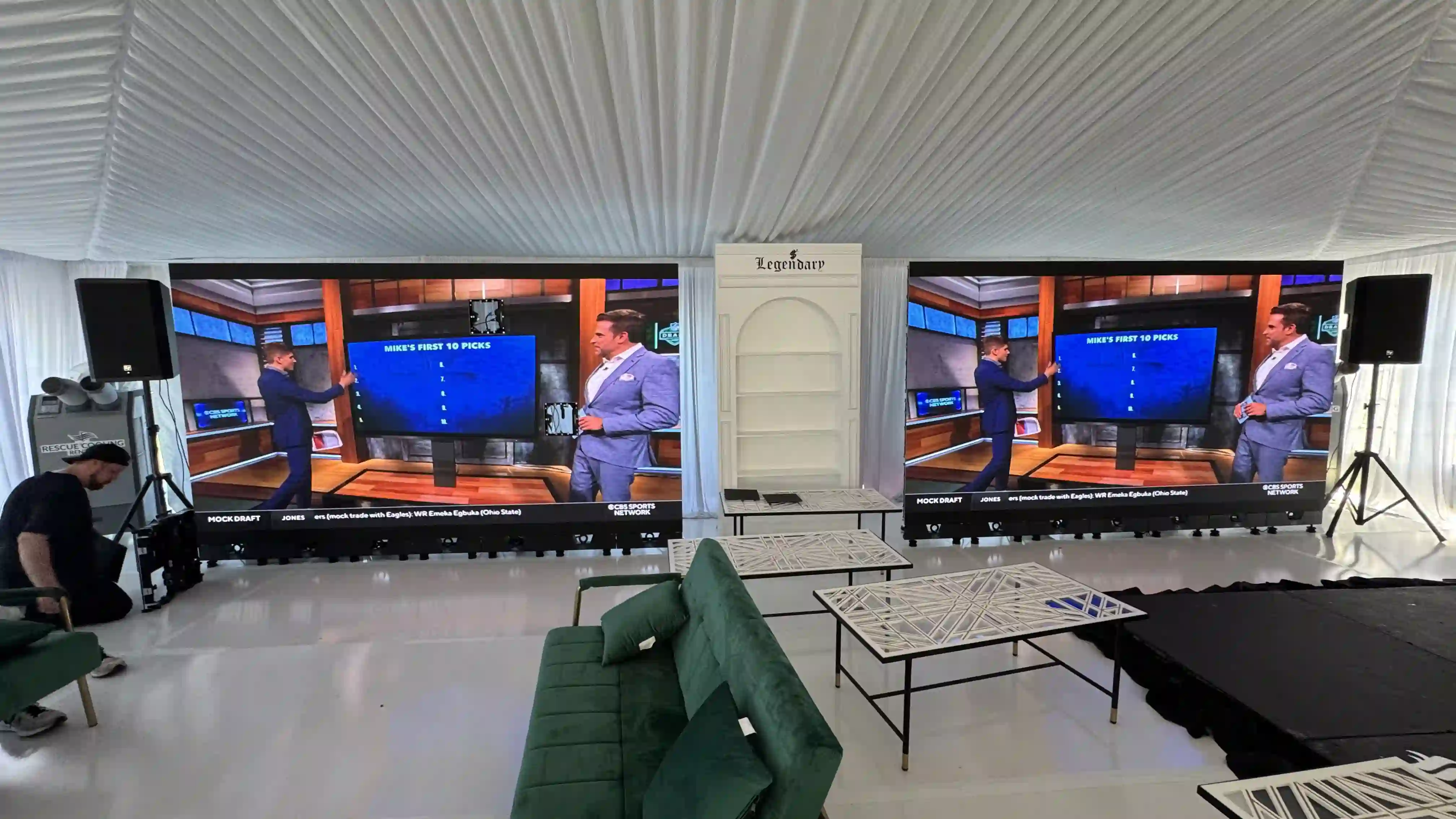 Two screen setup side by side for Deion Sanders draft party showing ESPN.