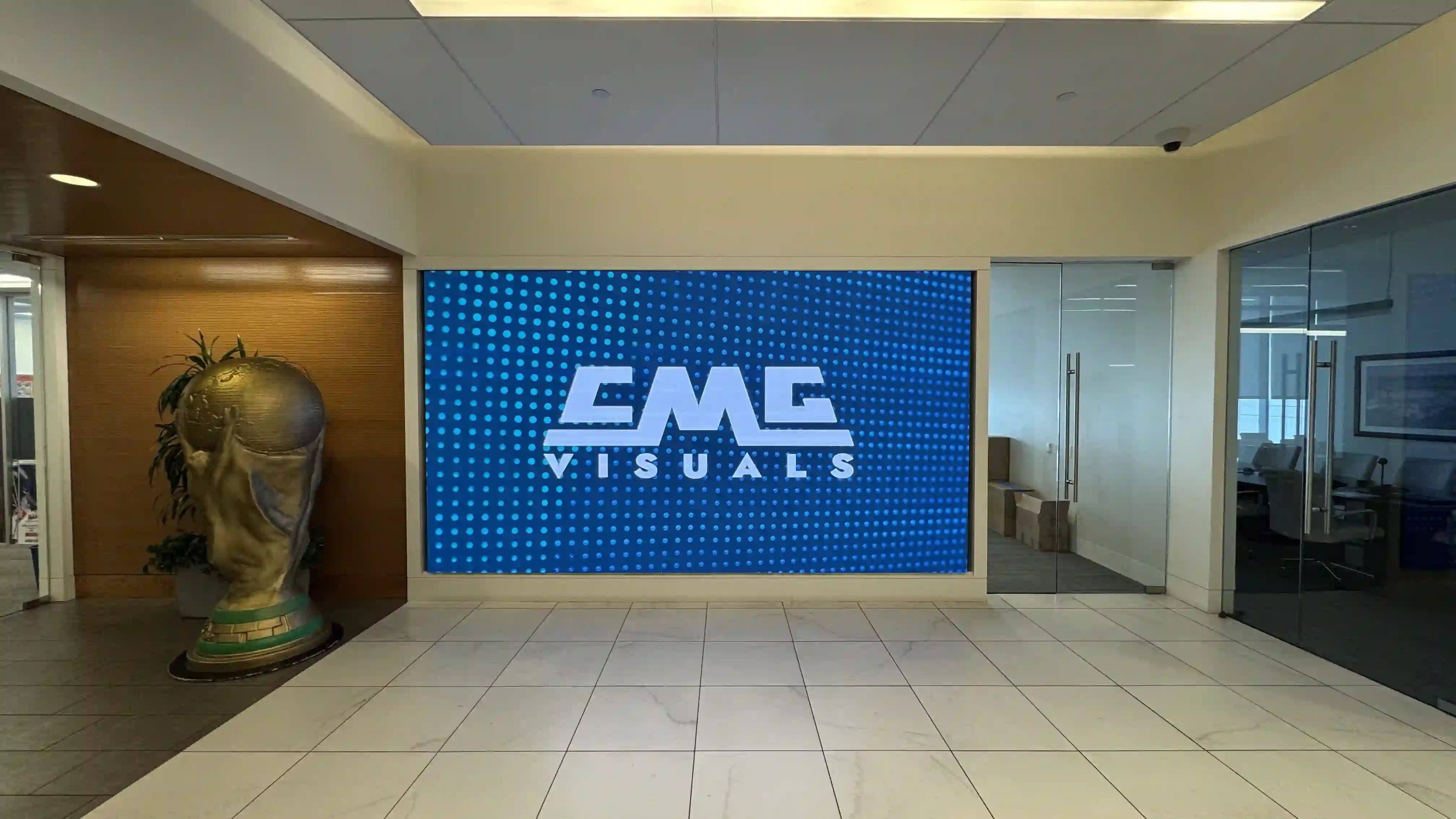 Finished 14.17×7.87 ft P1.9 LED display flush-mounted in the Harris County Sports Authority office lobby, Houston.