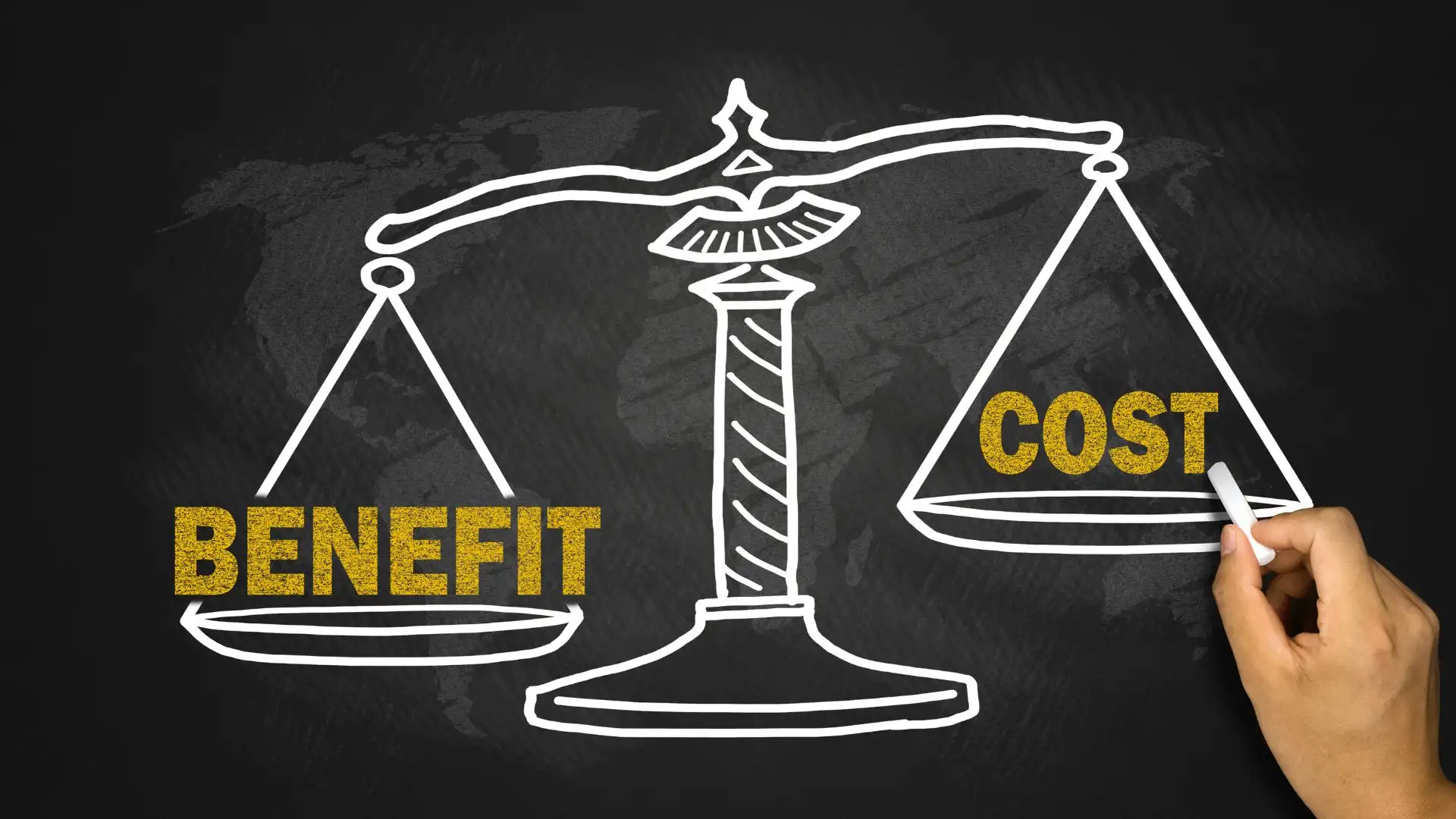 Hand drawing a balance scale comparing benefit and cost, with the word ‘Benefit’ on one side and ‘Cost’ on the other.