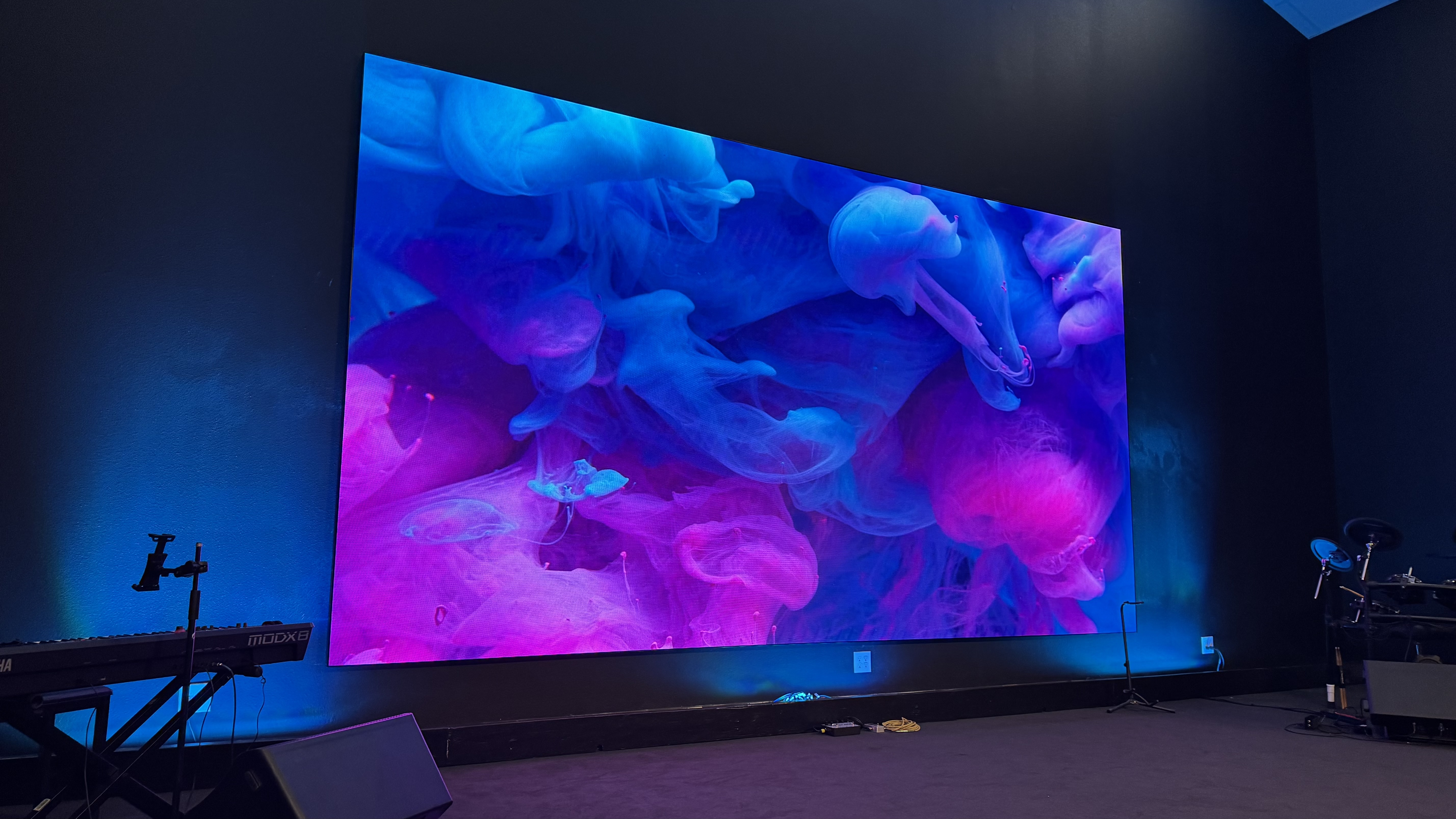 Close-up side profile showing flush, tight-tolerance LED display trim against wall at Keystone Church Mesquite, Texas.