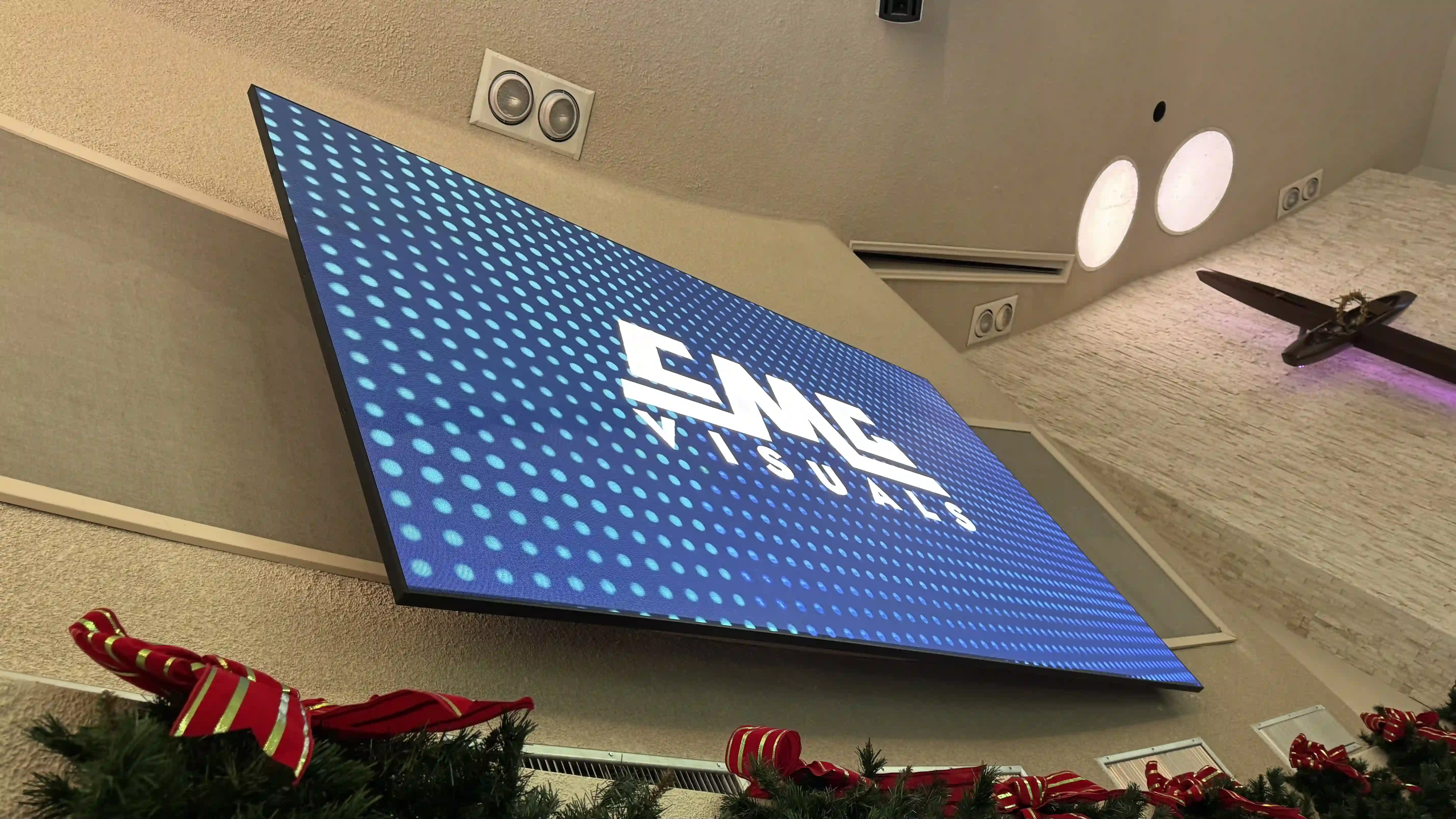 Church LED wall installation in progress at Christ United Methodist Church in Farmers Branch with scaffolding and mounting preparation