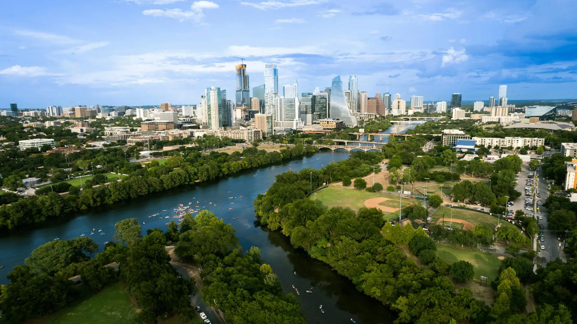Downtown Austin Texas skyline with river and cityscape aerial view