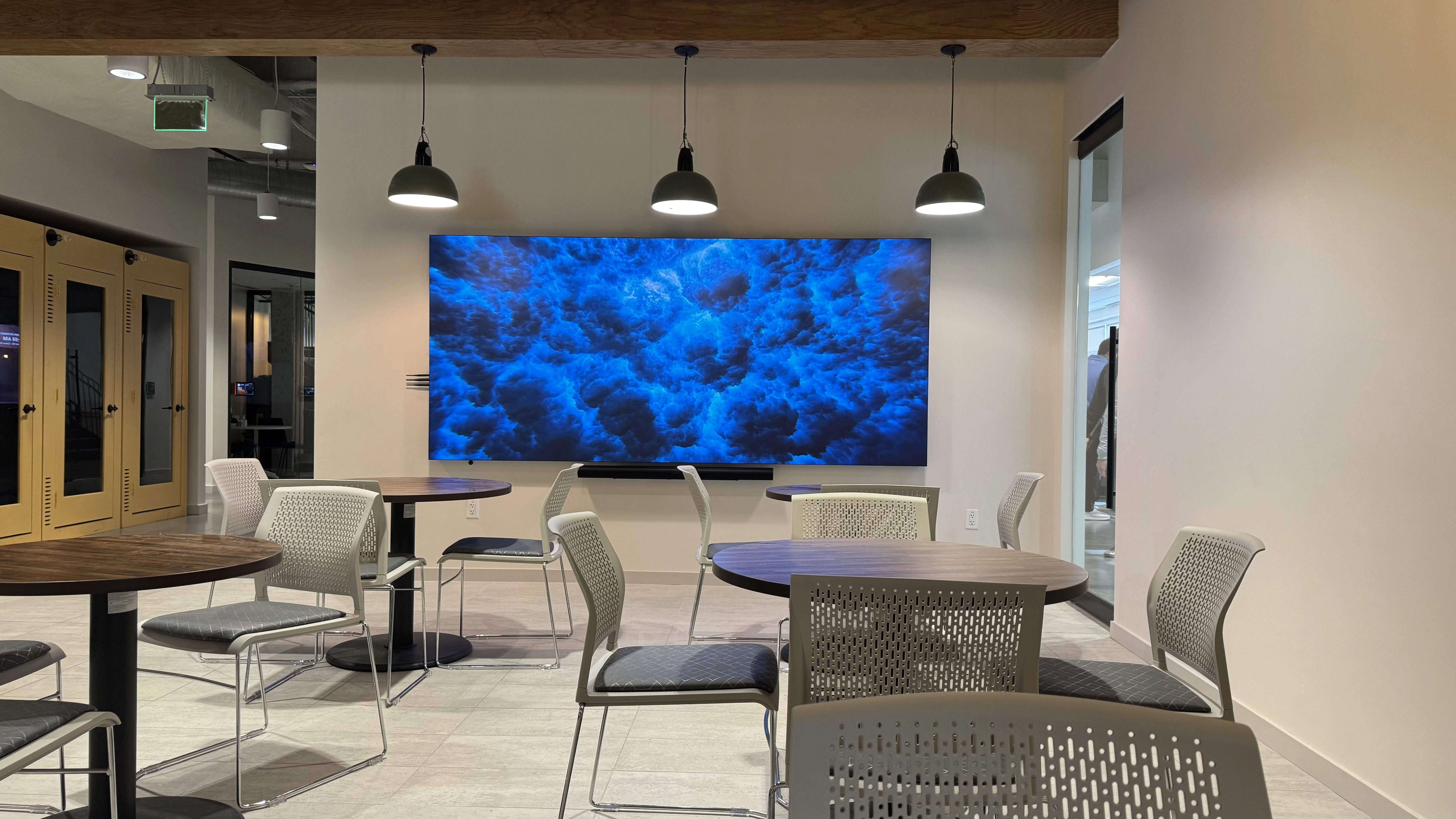 LED video wall powered on inside the Compass Datacenters corporate office room